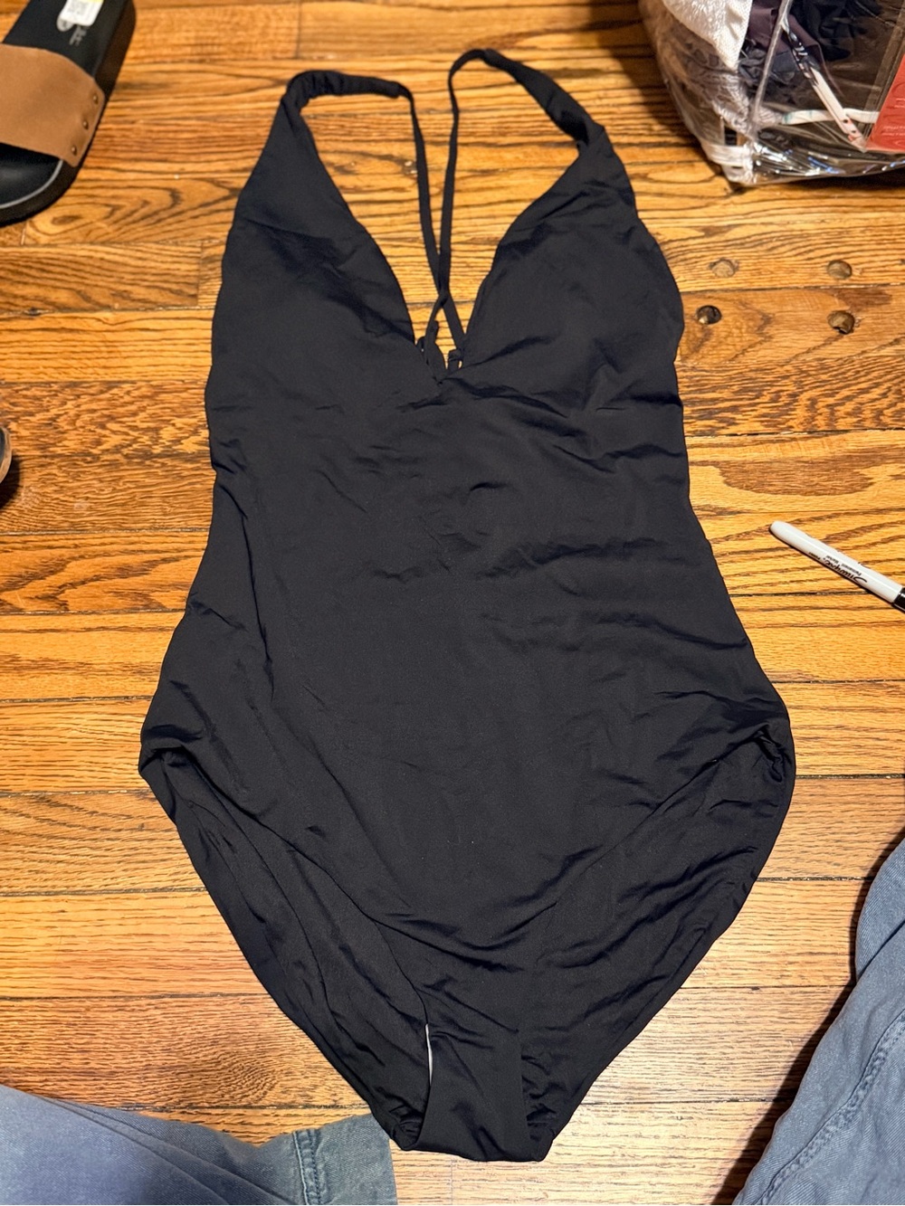 Andie Black One Piece Swimsuit Deep V Tie Back Women’s Large NWT